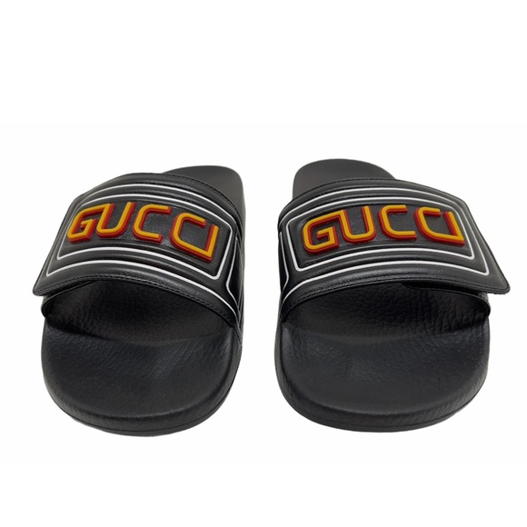 Gucci Logo Black Leather Men’s Pool Slides - Picture 5 of 15